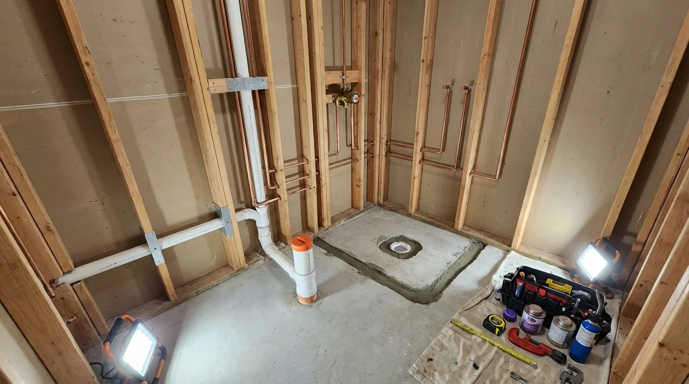 Bathroom rough-in plumbing during remodel by Johns Plumbing LLC in Ivanhoe