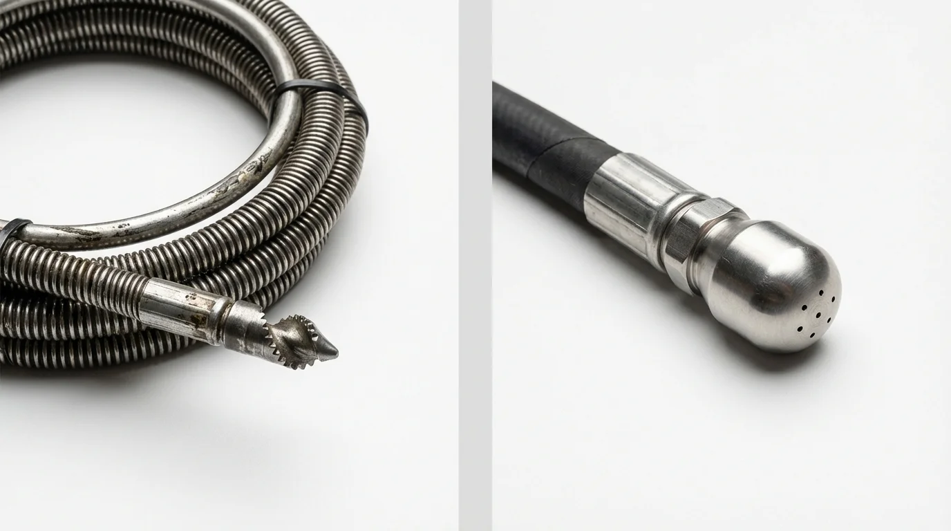 Drain snake cable and hydro jetting nozzle used for drain cleaning in Ivanhoe, CA