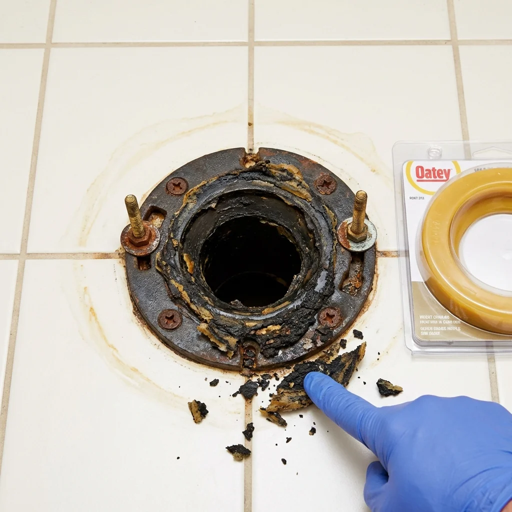 Failed wax ring showing water seepage at the base of a toilet in a Ivanhoe, CA home