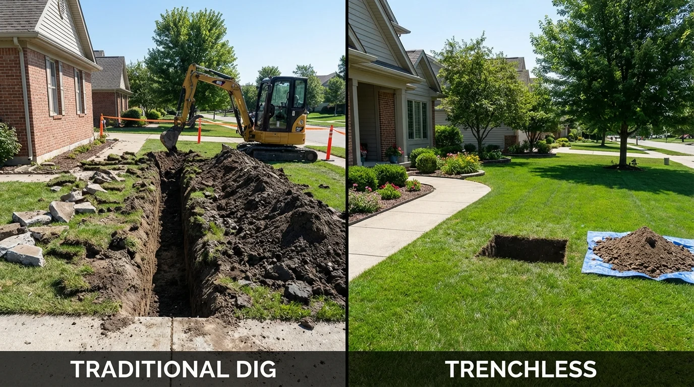 Trenchless sewer repair with minimal yard damage versus traditional excavation in Ivanhoe, CA