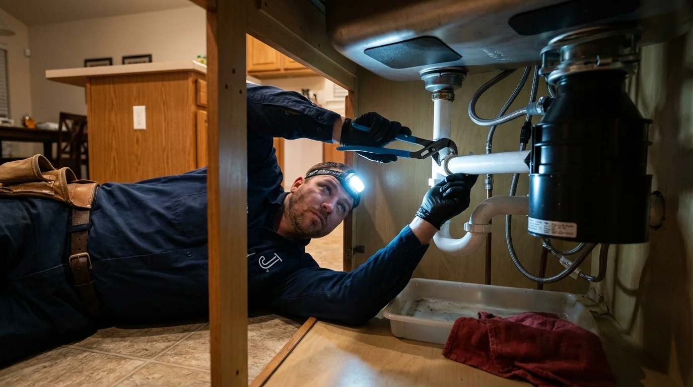 P-trap and supply line connections under a kitchen sink showing a common leak point in Ivanhoe, CA